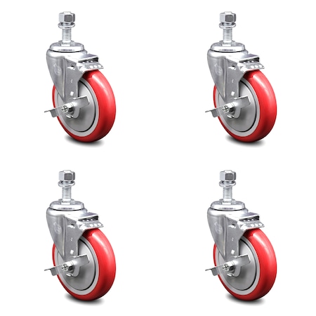 Service Caster 5 Inch Red Polyurethane Swivel 12mm Threaded Stem Caster Set with Brake SCC-TS20S514-PPUB-RED-TLB-M1215-4